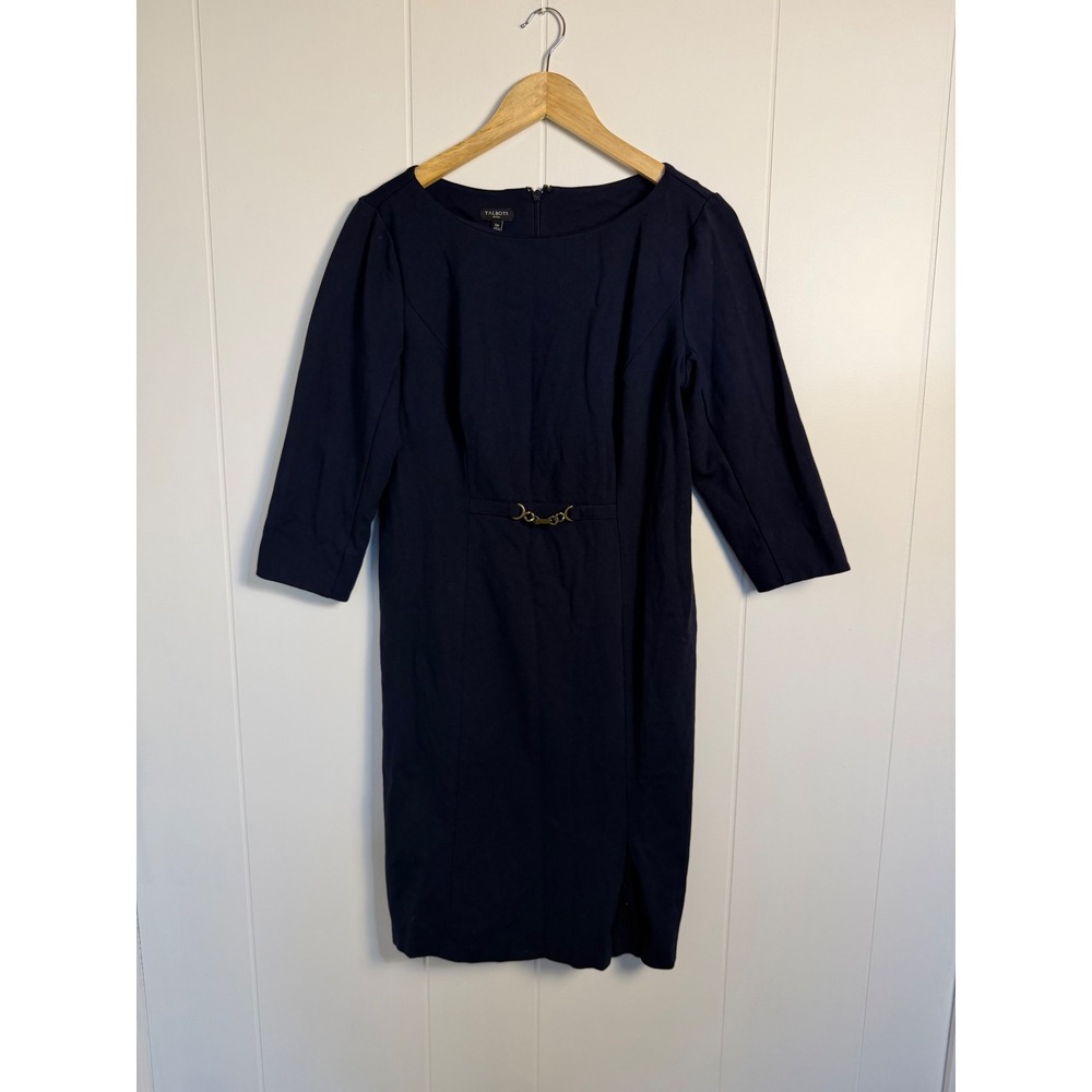 Careerwear Work Talbots Sheath Dress 12P Navy Blue Gold accent 3/4 Sleeve Office